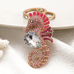 Ярко-Розовый Брелки со стразами из сплава, морской конек, ярко-розовый, Кулон : 70x35 мм