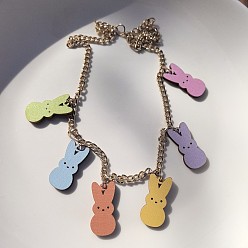 Разноцветный Кулоны-нагрудники из дерева в виде пасхального кролика с цепочками из сплава., золотые, красочный, 19.69 дюйм (50 см)