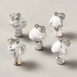 Howlite Natural Howlite Pendants, Mushroom Charms, with 304 Stainless Steel Snap on Bails, Stainless Steel Color, 24~25x16mm, Hole: 7.5x4mm