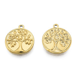 Настоящее золото 18K Ионное покрытие (ip) 304 подвески из нержавеющей стали, плоские круглые с дерева жизни, реальный 18 k позолоченный, 18x15.5x2 мм, отверстие : 1.5 мм