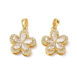 Golden Brass Micro Pave Clear Cubic Zirconia Pendants, Flower Charms, Cadmium Free & Lead Free, Golden, 17x15x5mm, Hole: 5x3mm