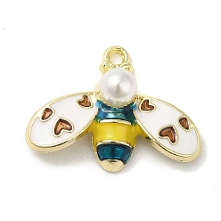Yellow Green Rack Alloy Enamel Pendants,and ABS Plastic Imitation Pearl, Golden, Bees, Yellow Green, 17x22.5x7mm, Hole: 1.6mm