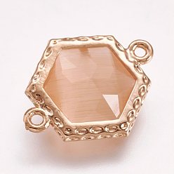 Персиковый Слойка Граненые соединители звеньев кошачий глаз, с латунной найти, золотой свет, шестиугольник, розовые, 18x14.5x5 мм, отверстие : 1 мм