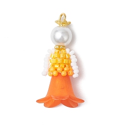 Оранжевый Подвески в виде цветка из стеклянного бисера, со стеклянным жемчугом и акрилом, оранжевые, 33x18x17.5 мм, отверстие : 2.5 мм