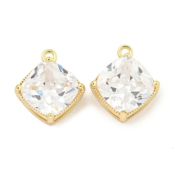 Настоящее золото 18K Латунь стекло кулоны, ромб прелести, прозрачные, реальный 18 k позолоченный, 10.5x9.5x4 мм, отверстие : 1 мм