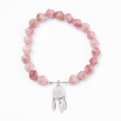 Rhodonite Natural Rhodonite Beads Charm Bracelets, with Brass Findings, Woven Net/Web with Feather, 2 inch(5.2cm), Pendant: 24x10.5x2mm