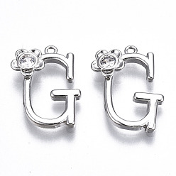 Letter G Латунные подвески, со стразами, алфавит, платина, letter.g, 18x12x2.5 мм, отверстие : 1 мм
