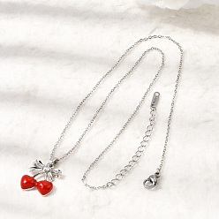 Платиновый & Цвет Нержавейки Подвеска в виде бантика из латуни с прозрачными кубическими циркониями и эмалью, украшенная красной вишней 304 Цепочка из нержавеющей стали для женщин, платины и нержавеющая сталь цвет, 15.83 дюйм (40.2 см)