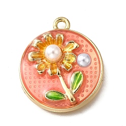 Легкий Лосось Подвески из эмали и сплава, с ABS имитации жемчуга, плоские круглые с цветком, стойки покрытие, долговечный, без свинца, без кадмии и без никеля, золотые, светлый померанцевый, 24x20.5x6 мм, отверстие : 1.8 мм