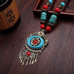 Голубой Ожерелья с подвесками из сплава, дерева и смолы в этническом стиле, античное серебро, плоско-круглые, голубой, 22.83 дюйм (58 см)