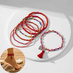 Темно-Красный Комплекты многослойных браслетов на лодыжку из смолы и стеклянных бусин в стиле бохо, с подвесками в виде сердечек из сплава кристаллов и страз и кисточкой, темно-красный, 9-1/8 дюйм (230 мм), 8 шт / комплект