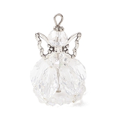 Прозрачный Стеклянные подвески, ангельское очарование, с крылом из сплава в тибетском стиле, латунными булавками и бисером., граненые, прозрачные, 35x22 мм, отверстие : 2.5x4 мм