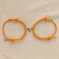 Оранжевый Магнитные плетеные браслеты из сплава в форме сердца для пары подруг, оранжевые, 5-1/2~10-1/4 дюйм (14~26 см)