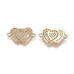 Золотой Соединители из латуни с микропаве и кубическим цирконием, Сердце с сердцем, прозрачные, золотые, 13x20x2.7 мм, отверстие : 1.4 мм