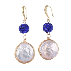 Sapphire Natural Baroque Pearl Keshi Pearl Dangle Earrings, with Polymer Clay Rhinestone Beads, Copper Wire, Real 18K Gold Plated Brass Earring Hooks and Cardboard Packing Box, Sapphire, 53~56mm, Pin: 0.8mm