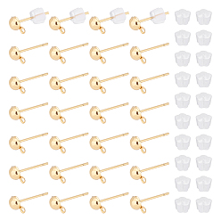 Golden 150Pcs 304 Stainless Steel Half Round Stud Earring Findings, with Horizontal Loops, with 200Pcs Plastic Ear Nuts, Golden, 6.5x4mm, Hole: 1mm, Pin: 0.7mm