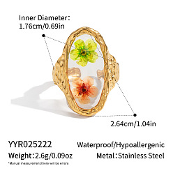 Разноцветный 304 женские кольца из нержавеющей стали с эмалированным цветком, овальные с цветком, золотые, красочный, 26.4 мм, внутренний диаметр: 17.6 мм