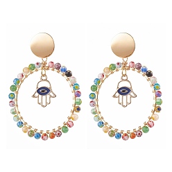 Colorful Alloy Enamel Dangle Stud Earrings, with Millefiori Glass Beads and Ear Nuts, Ring with Hamsa Hand & Eye, Golden, Colorful, 63mm