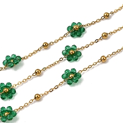 Морско-зеленый 304 из нержавеющей стали цепи связи цветок, со стеклом, стойки покрытие, долговечный, ионное покрытие (ip), реальный 18 k позолоченный, пайки, с катушкой, цвета морской волны, 2x1.5x0.4 mm и 7.5x9.5x3 mm