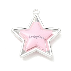 Pink Spray Painted Alloy Pendants, Star with Word Lucky Star Charms, Platinum, Pink, 26x24x5mm, Hole: 1.6mm