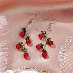 Red Spray Painted Crackle Glass Beads & Natural Diopside Chip Beads Dangle Earrings, with Iron Flat Head Pins and 304 Stainless Steel Earring Hooks, Cherry, Platinum, Red, 74.5x22.5mm
