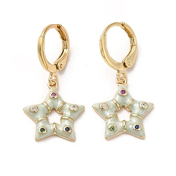 Azure Star Golden Brass Dangle Leverback Earrings, with Enamel and Cubic Zirconia, Azure, 28.5x14.5mm