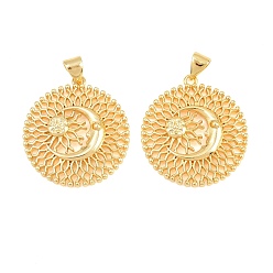 Настоящее золото 18K Латунные подвески, солнечные чары, без кадмия и без свинца, стойки покрытие, долговечный, реальный 18 k позолоченный, 26x24x3.5 мм, отверстие : 3x5 мм