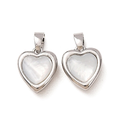 Platinum Brass & Natural Shell Pendants, Heart Charms, Platinum, 13x11x6mm, Hole: 2x4.5mm