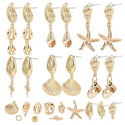 Real 18K Gold Plated Ocean Theme DIY Earring Making, with Alloy Stud Earring Findings, Steel Pins, 304 Stainless Steel Jump Rings, Brass Pendants & Ear Nuts, Real 18K Gold Plated, 62pcs/box