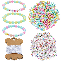 Gemischte Farbe DIY Armbänder machen Kits, einschließlich Acrylperlen und elastischer Kordel, rund & Buchstabe, Gemischte Farbe, 7x3 mm, Bohrung: 1.5 mm, 1200 Stück / Set