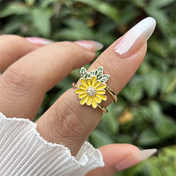Yellow Brass Micro Pave Cubic Zirconia Cuff Open Rings for Women, with Enamel, Flower, Real 18K Gold Plated, Yellow, US Size 4 1/4(15mm)~20mm