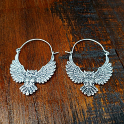 Серебро Серьги-кольца из сплава в виде совы в богемном стиле, серебряные, 35x30 мм