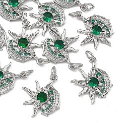 Platinum SHEGRACE Brass Pave Green Cubic Zirconia Pendants, Moon & Sun Charms, Cadmium Free & Nickel Free & Lead Free, Long-Lasting Plated, Platinum, 19x16x4mm, Hole: 3.5mm