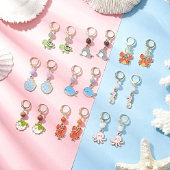 (52) Непрозрачная лаванда 9 пары 9 стили серьги-кольца из сплава с эмалью, с 304 нержавеющей стали, черепаха, рыба и морской конек, золотые, разноцветные, 26.5~33x9~17 мм