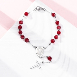 Красный 304 из нержавеющей стали ссылку цепи браслеты, с 201 результатов из нержавеющей стали и стеклянные бусы, красные, 7-1/8 дюйм (18.2 см)