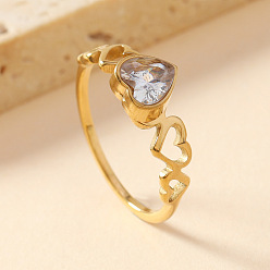 Сердце 201 кольца из циркониевого кубического кольца из нержавеющей стали, реальный 18 k позолоченный, сердце, размер США 7 (17.3 мм)