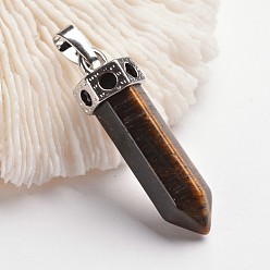 Тигровый глаз Пули латунные подвески с драгоценными камнями, платина, тигровый глаз, 44 мм, отверстие : 5x8 мм