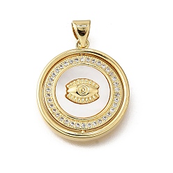 Настоящее золото 18K Подвески в форме ракушек из латуни с микропаве и кубическим цирконием, без кадмия и без свинца, круглые с сглаза, реальный 18 k позолоченный, 22x20x3.5 мм, отверстие : 3.5x4.5 мм