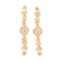 Настоящее золото 18K Шармы-соединители из латуни с микропаве из прозрачного кубического циркония, цветок, реальный 18 k позолоченный, 53x11x3.5 мм, отверстие : 2.5 мм