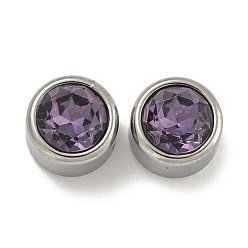 Сливовый 304 нержавеющая сталь с 9 стеклянными бусинами-стразами, плоско-круглые, платина, слива, 8x6.5 мм, отверстие : 1.8 мм