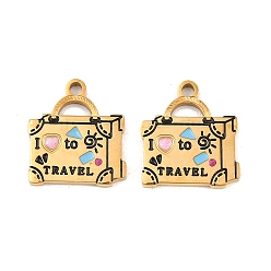Sky Blue 304 Stainless Steel with Enamel Charms, Ion Plating(IP), Bag with Word I Love to Travel & Bowknot Charms, Golden, Sky Blue, 14.5x13x1.5mm, Hole: 1.6mm