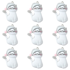 Белый Непрозрачные подвески смолы, кошачьи талисманы с шапочкой для сна, с платиновыми тоновыми железными петлями, белые, 34x25x7.5 мм, отверстие : 2 мм