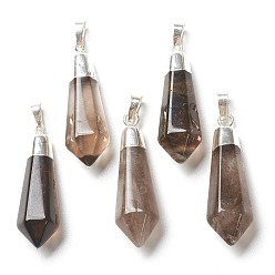 Дымчатый Кварц Природные дымчатый кварц подвески, со серебряной и латунной фурнитурой, граненые, пуля, 40x12x11 мм, отверстие : 7x5 мм
