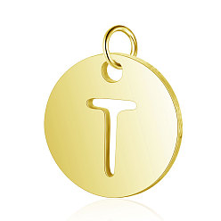 Letter T 304 Stainless Steel Charms, Flat Round with Letter, Golden, Letter.T, 12x1mm, Hole: 2.5mm