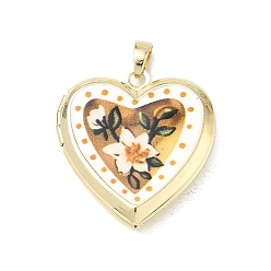 White Printed Brass Locket Pendants, Heart with Flower Charms, White, 25x22.5x5.5mm, Hole: 4x2.5mm