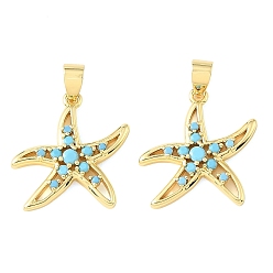Chapado en Oro Real 18K Colgantes de circonita cúbica azul cielo con micro pavé de latón, encantos de estrellas de mar, chapado en rack, larga duración plateado, sin plomo y cadmio, real 18 k chapado en oro, 23.5x23x3 mm, agujero: 5.5x4 mm