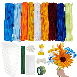 Gemischte Farbe DIY-Plüschstab-Set, Rohrreiniger, Polyester-Chenille-Stiele, Eisenstiel-Blumenstab, mit Kunststoff-Befund, zur Unterstützung von künstlichen Blumensträußen, Gemischte Farbe, 305x6.5~7 mm, ca. 98~100 Stk. / Set