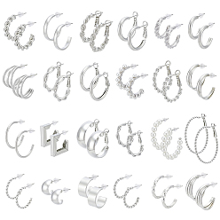 Platino 24 Pares de pendientes de botón y pendientes de aro de aleación de zinc, anillo y giro, con perlas de imitación, Platino, 20~40.5x20~40.5x2.8 mm