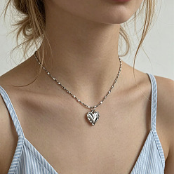 Silver 304 Stainless Steel Pendant Necklaces for Women, Heart, Silver, 15.75 inch(40cm)