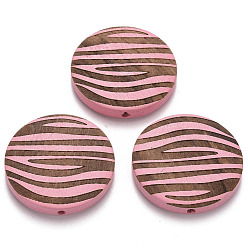 Бледно-Розовый Расписные бусы из натурального дерева, лазерная гравировка, плоский круглый с зеброй, розовый жемчуг, 30x5 мм, отверстие : 1.6 мм